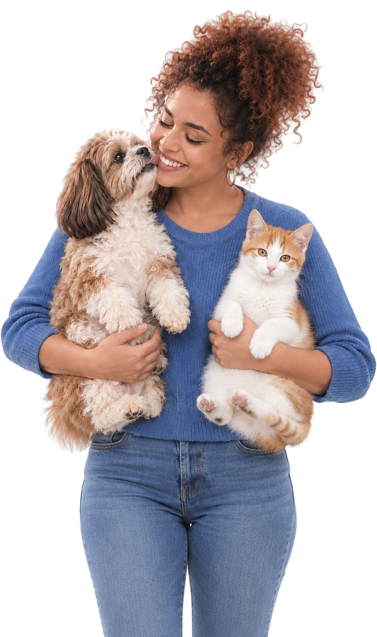 Tutora abraçando seu cão e seu gato
